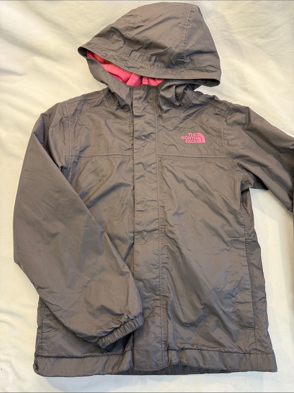 The North Face Girls' Gray Raincoat with Pink Logo & Lining